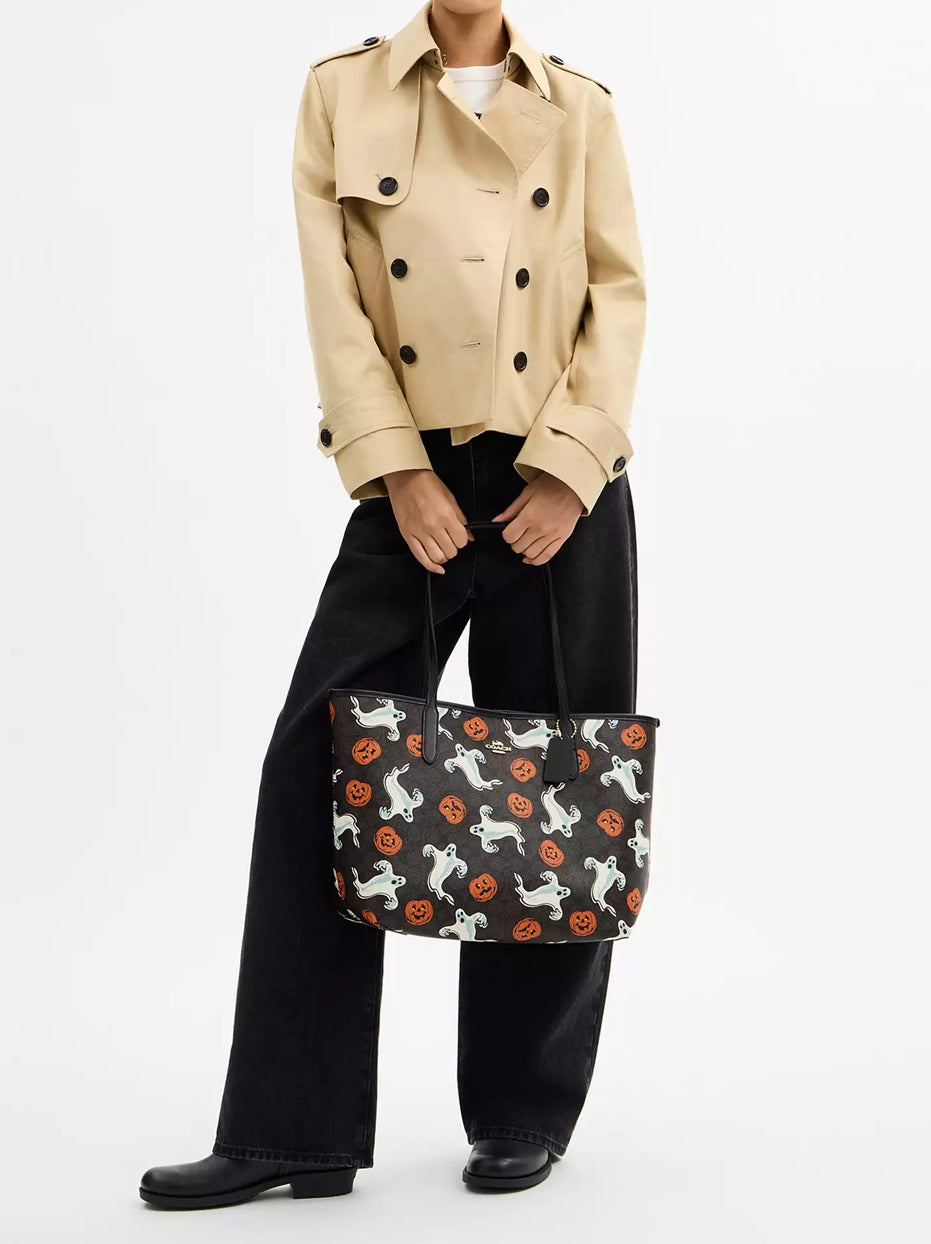 City Tote Bag In Signature Canvas With Halloween Print Walnut Multi Coach