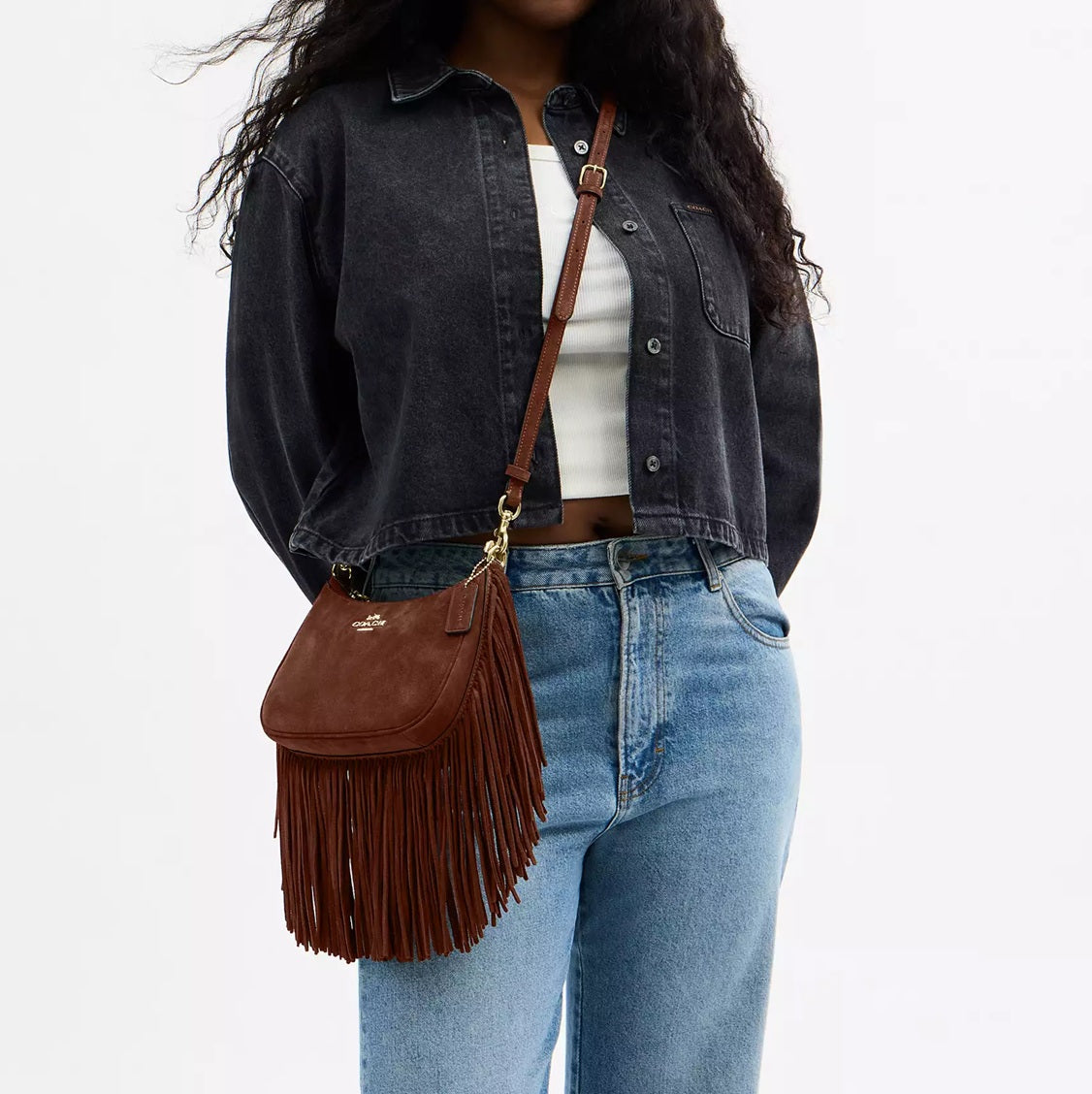 Teri Shoulder Bag With Fringe Suede Vintage Brown Coach