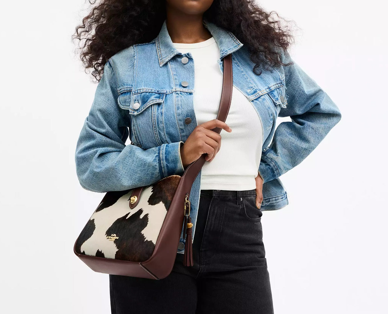Hadley Convertible Crossbody Bag With Cow Print And Tassel Coach