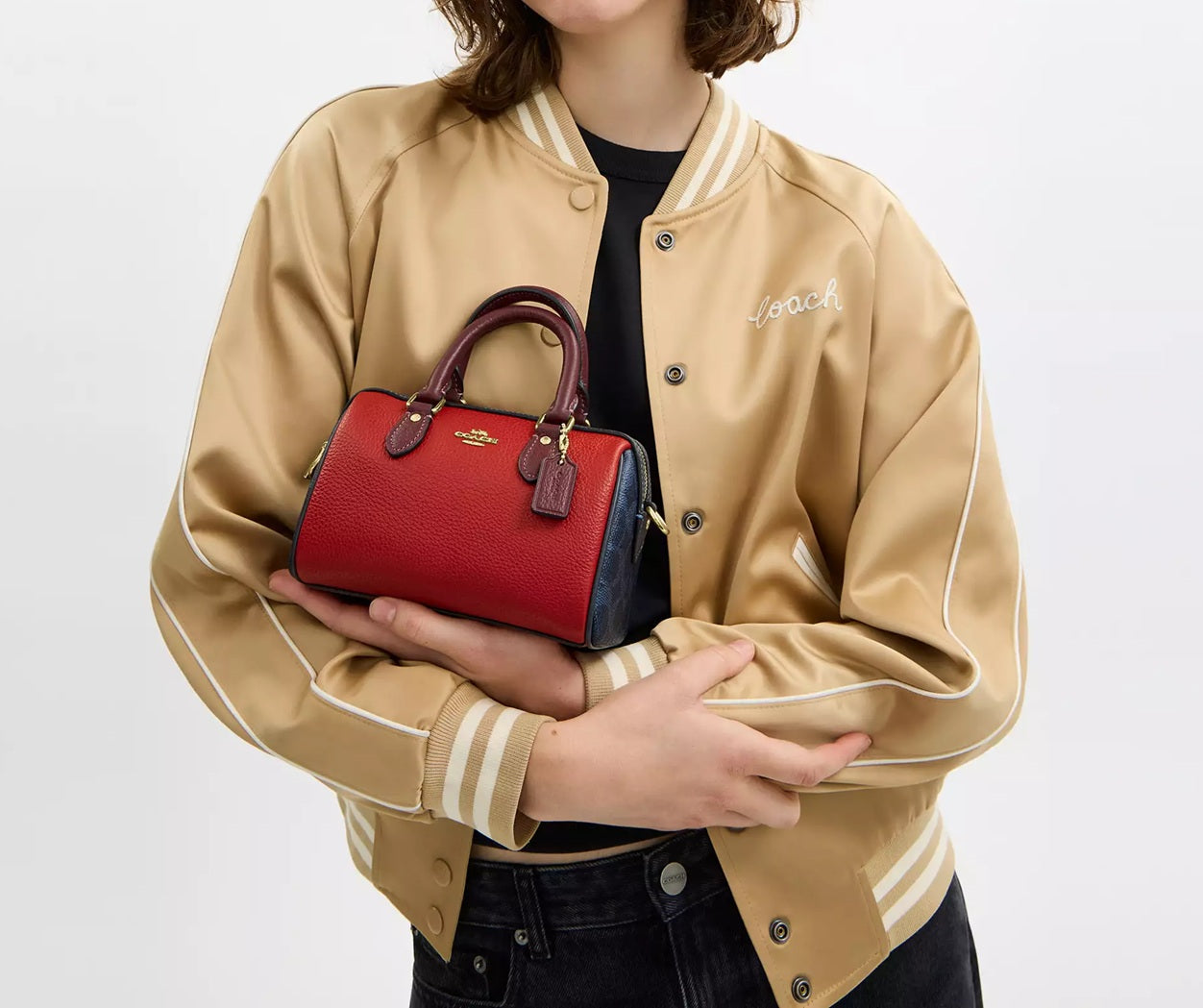 Mini Rowan Crossbody Bag In Colorblock Signature Canvas Denim Bold Red Coach