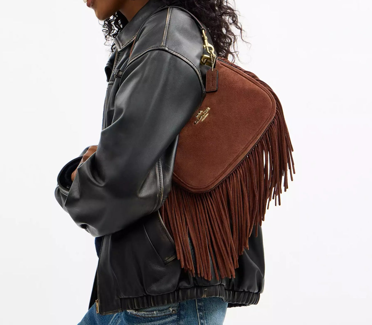 Teri Shoulder Bag With Fringe Suede Vintage Brown Coach