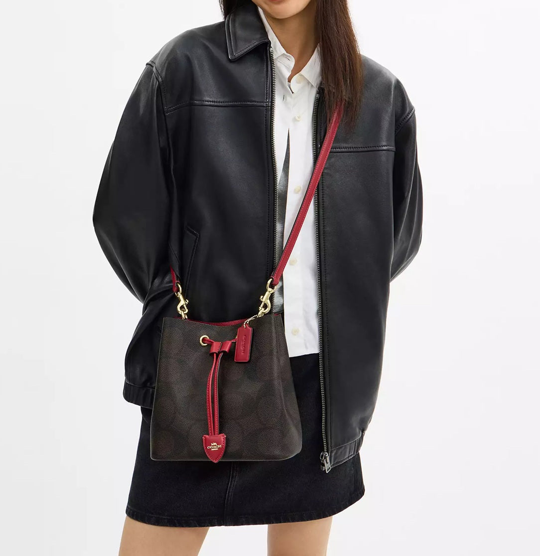 Rowan Bucket Bag In Maxi Signature Canvas Walnut Red Coach