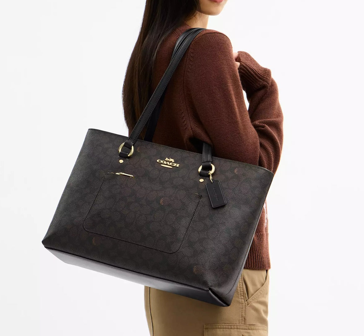 Station Tote Bag In Signature Canvas Walnut Black Coach