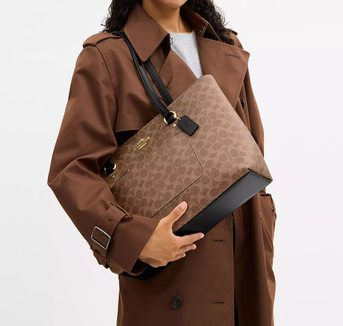 Station Tote Bag In Signature Canvas Tan Black Coach