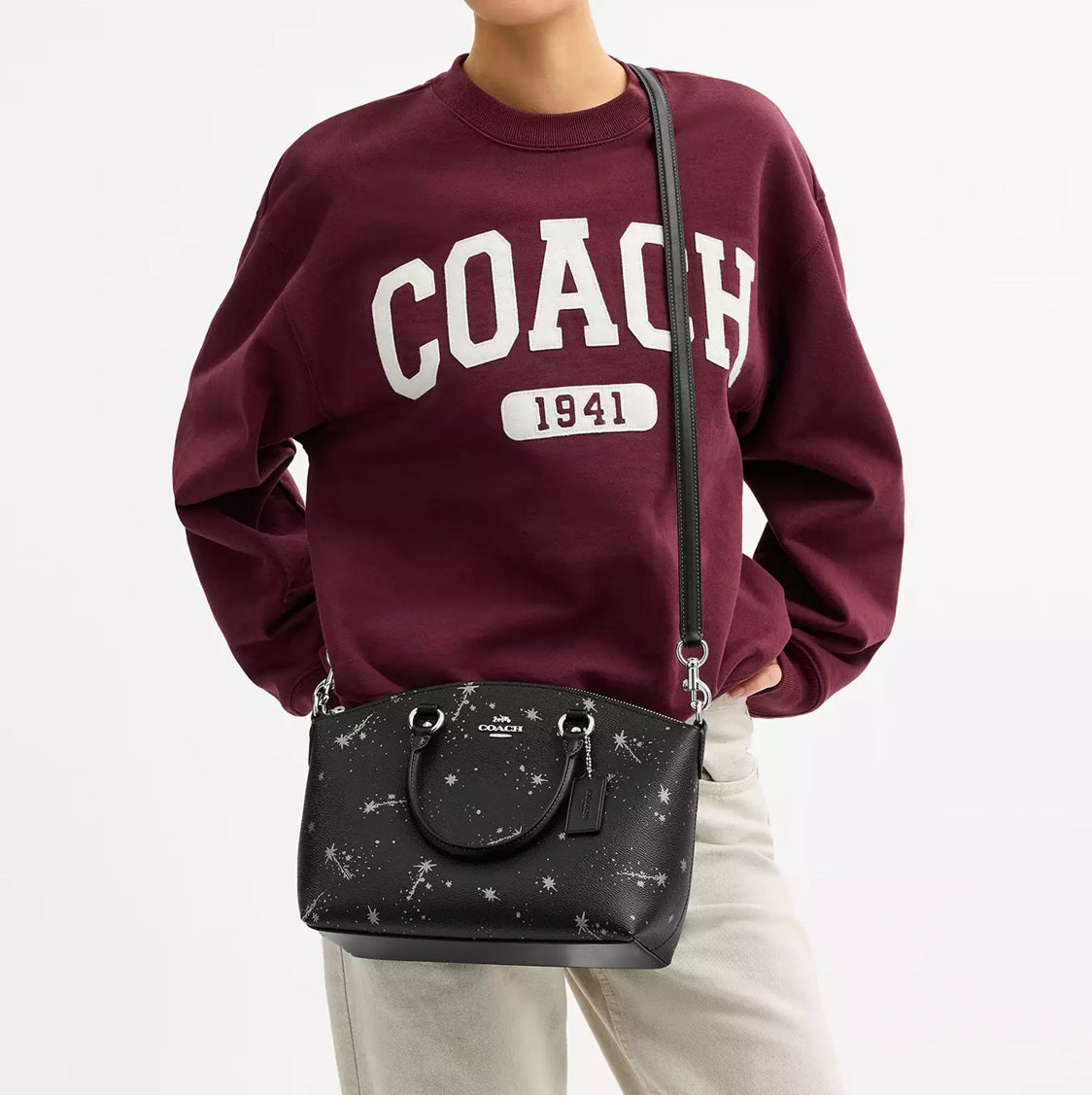 Sadie Satchel Bag With Star Print Silver Coach