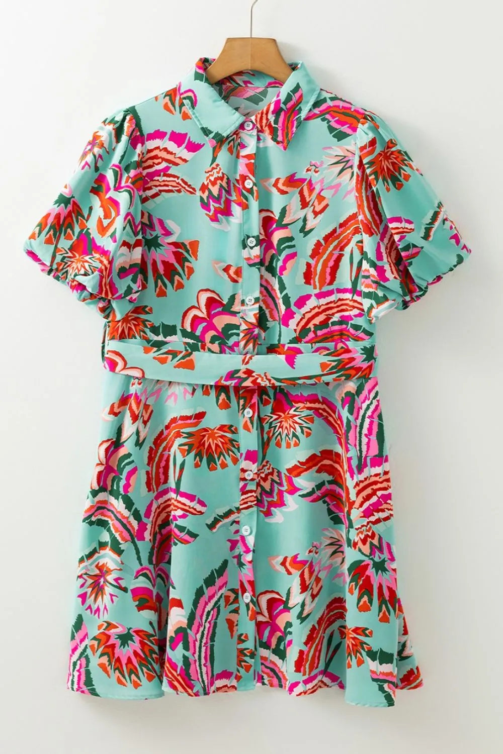 Abstract Print Lace-Up High Waist Buttoned Mini Dress