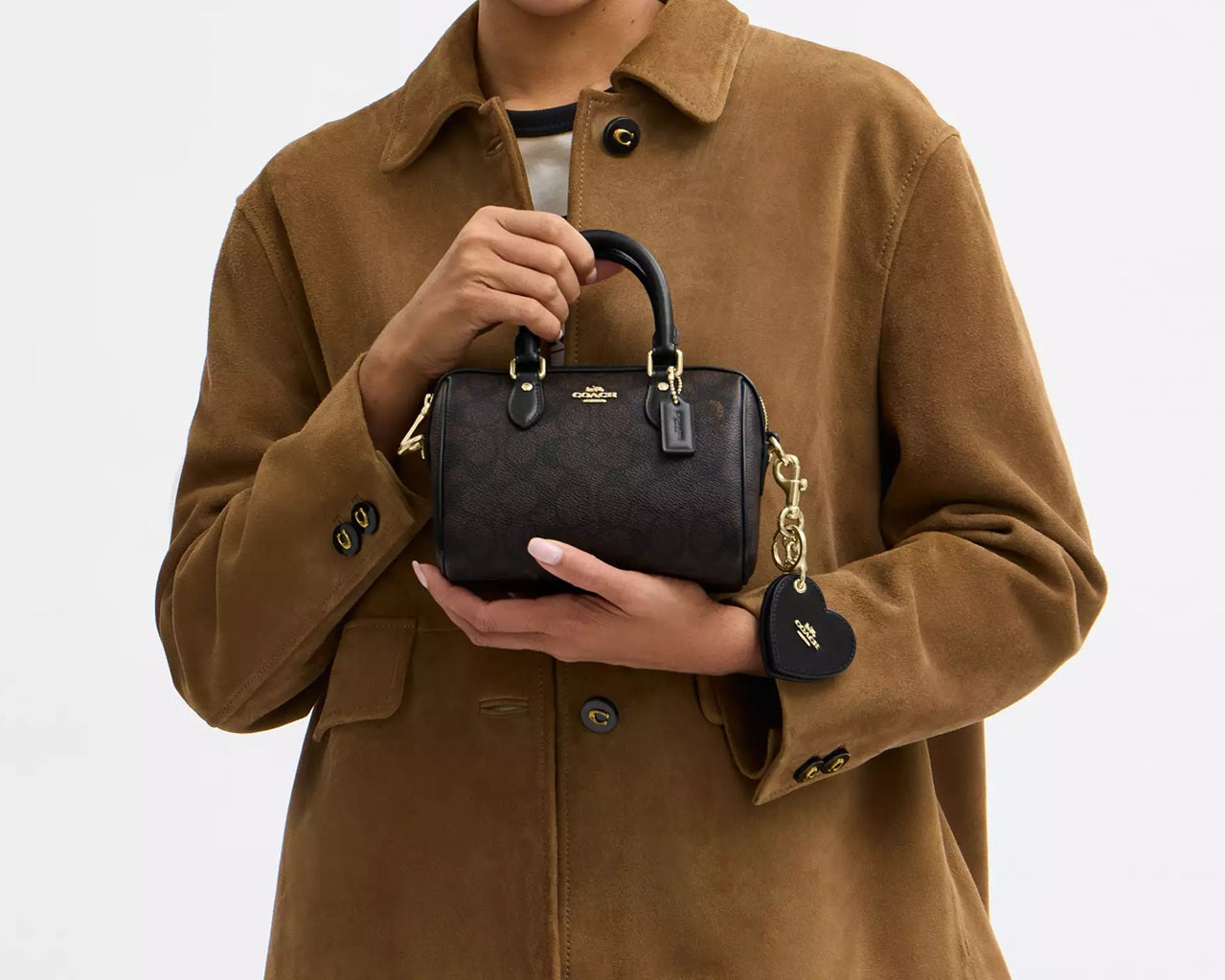 Boxed Mini Rowan Crossbody Bag And Mirror Bag Charm Set In Signature Canvas Walnut Black Coach
