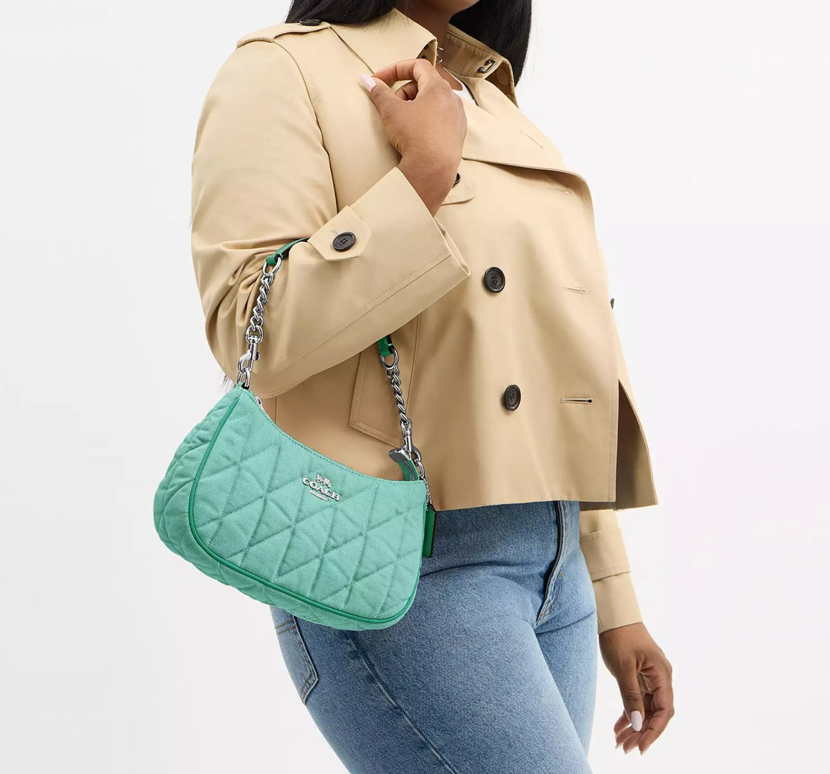 Teri Shoulder Bag Quilted Denim Green Coach