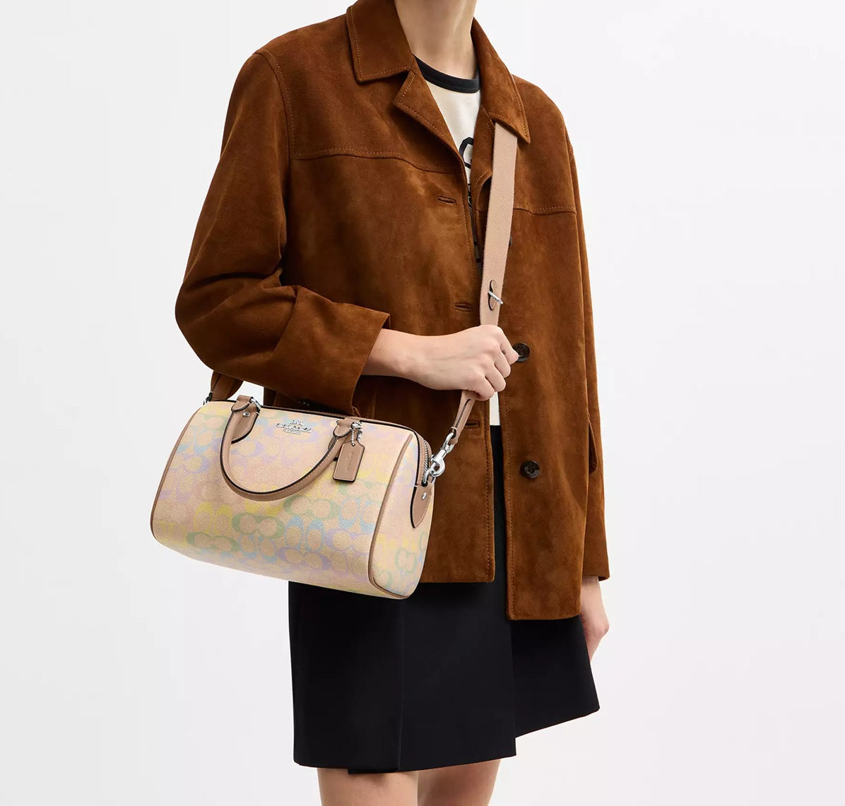 Rowan Satchel Bag In Rainbow Signature Canvas Silver Coach