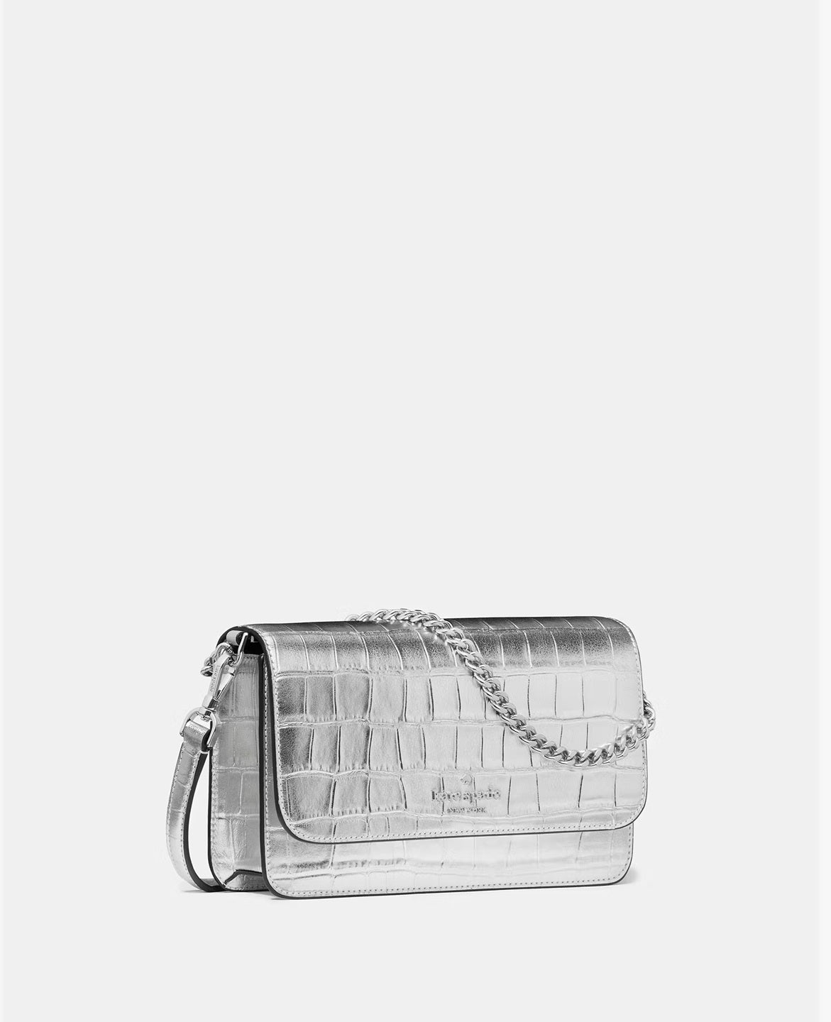 Madison Croc Embossed Willow Mini Flap Crossbody Silver Kate Spade