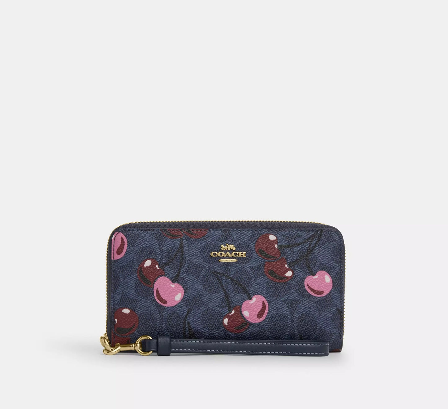 Long Zip Around Wallet In Signature Canvas With Cherry Print Denim Multi Coach