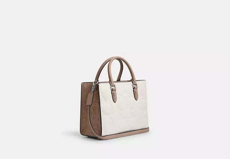 Maggie Small Tote Bag In Blocked Signature Leather Chalk Taupe Coach