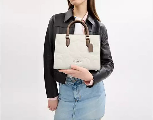 Maggie Small Tote Bag In Blocked Signature Leather Chalk Taupe Coach