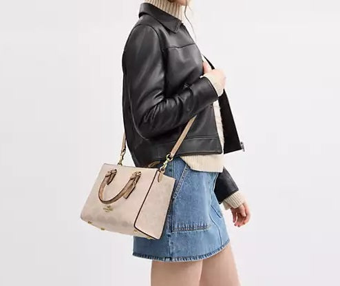 Maggie Small Tote Bag In Blocked Signature Canvas Sand Tan Coach