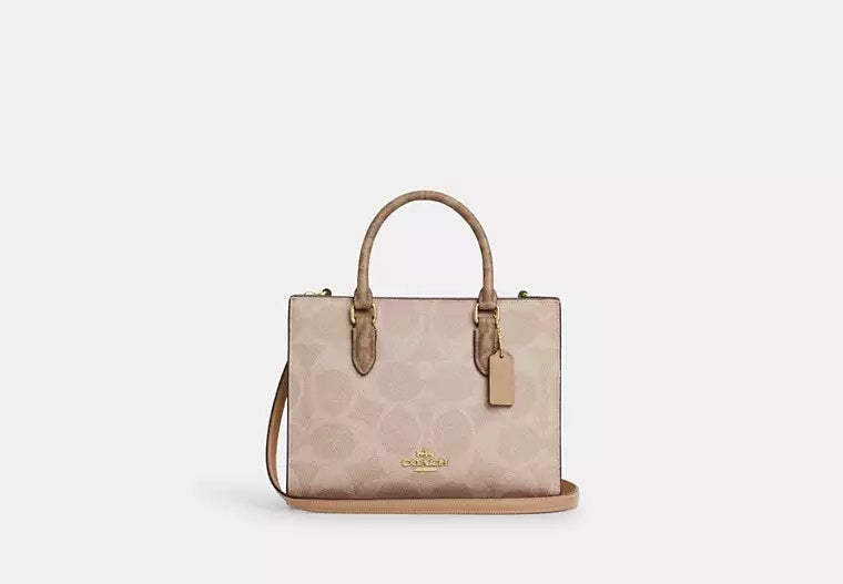 Maggie Small Tote Bag In Blocked Signature Canvas Sand Tan Coach