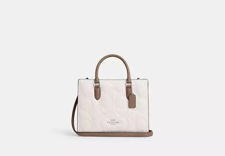 Maggie Small Tote Bag In Blocked Signature Leather Chalk Taupe Coach