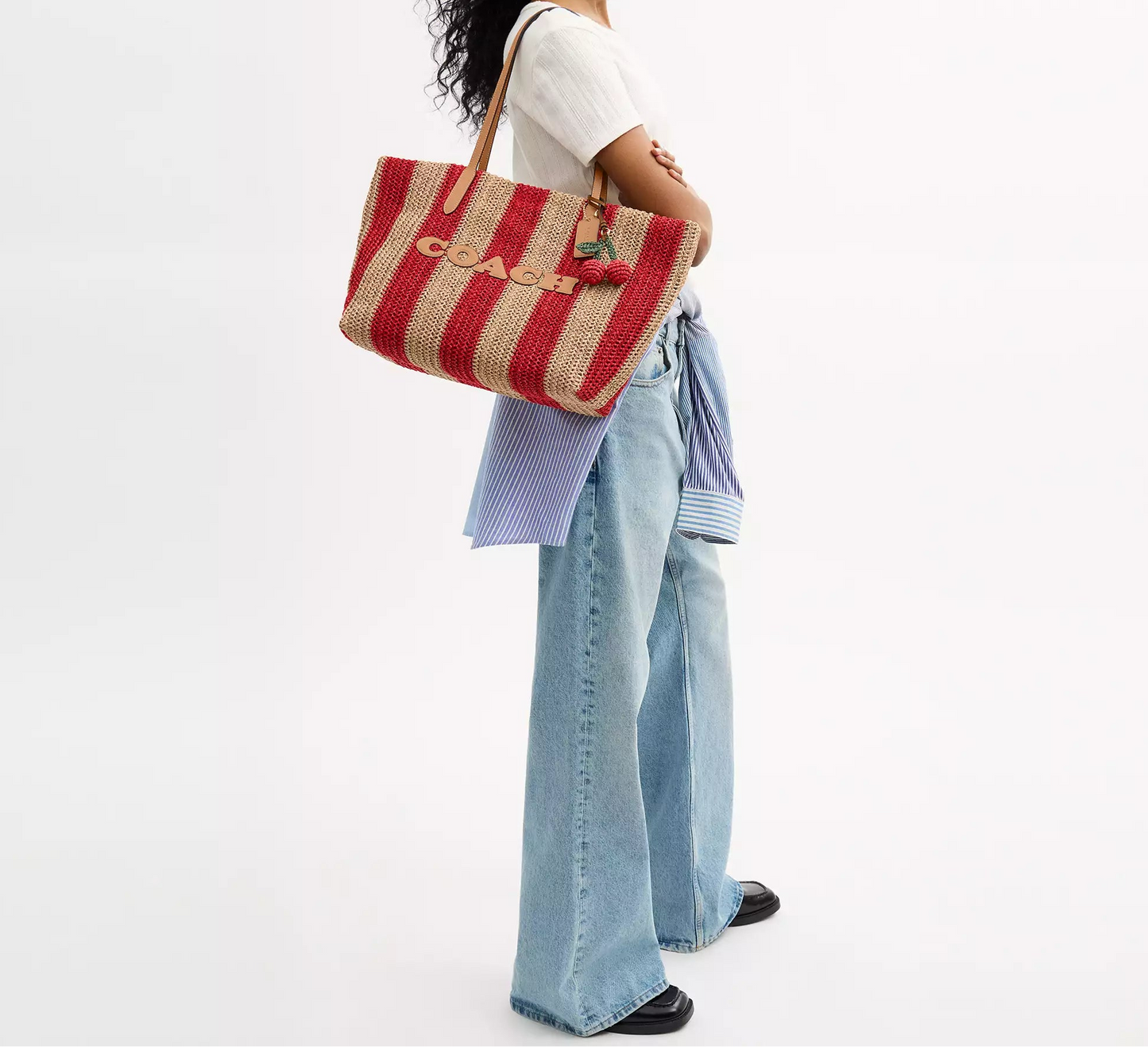 City Tote Bag Straw With Stripes And Charm Coach