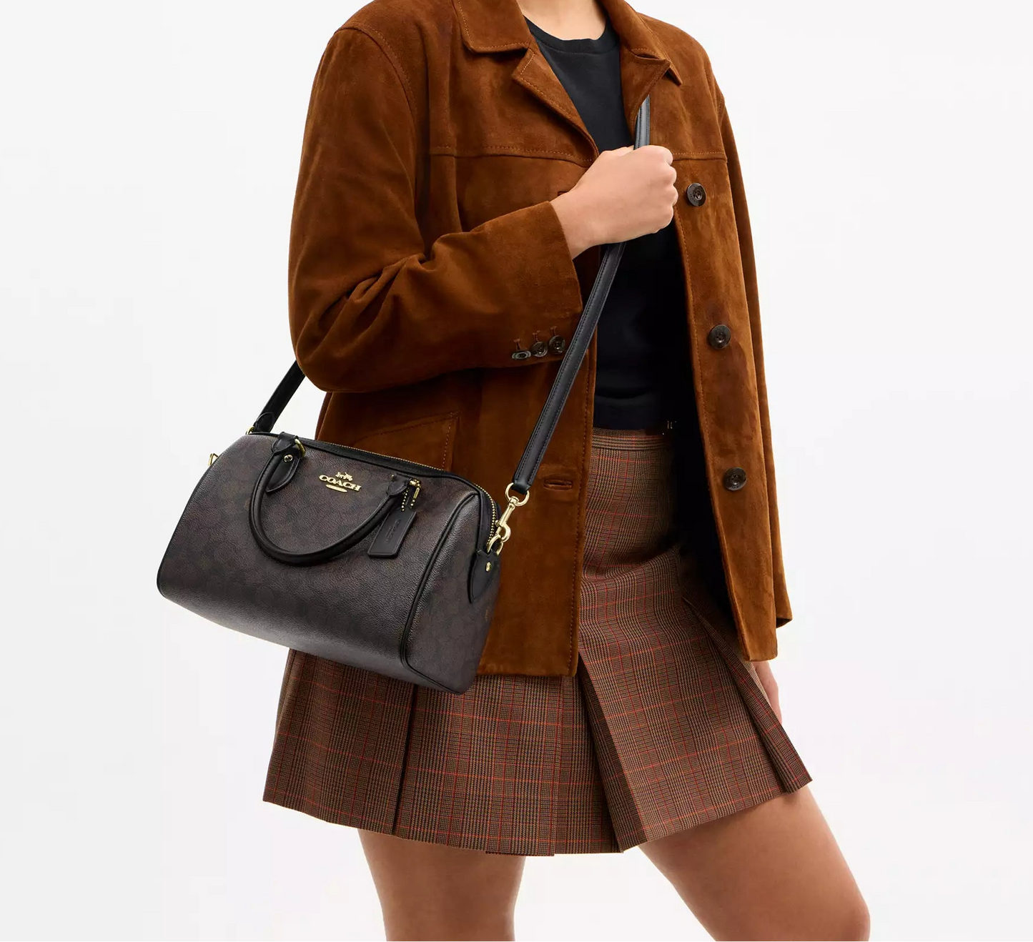 Rowan Satchel Bag In Signature Canvas Walnut Black Coach