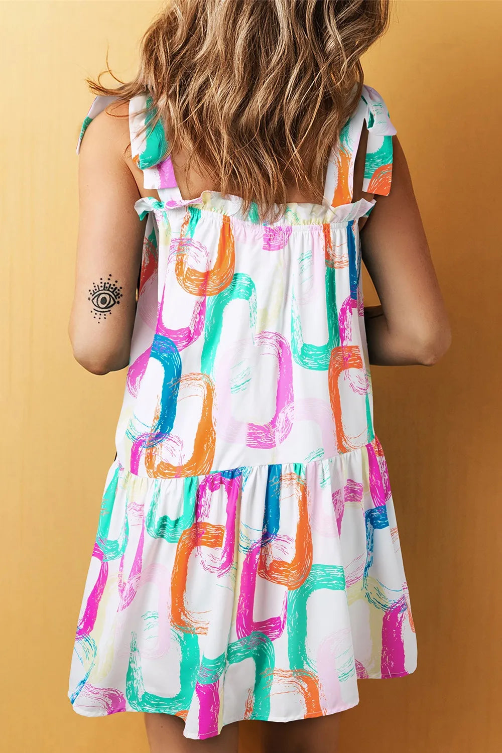 Abstract Print Knotted Straps Ruffled Mini Dress