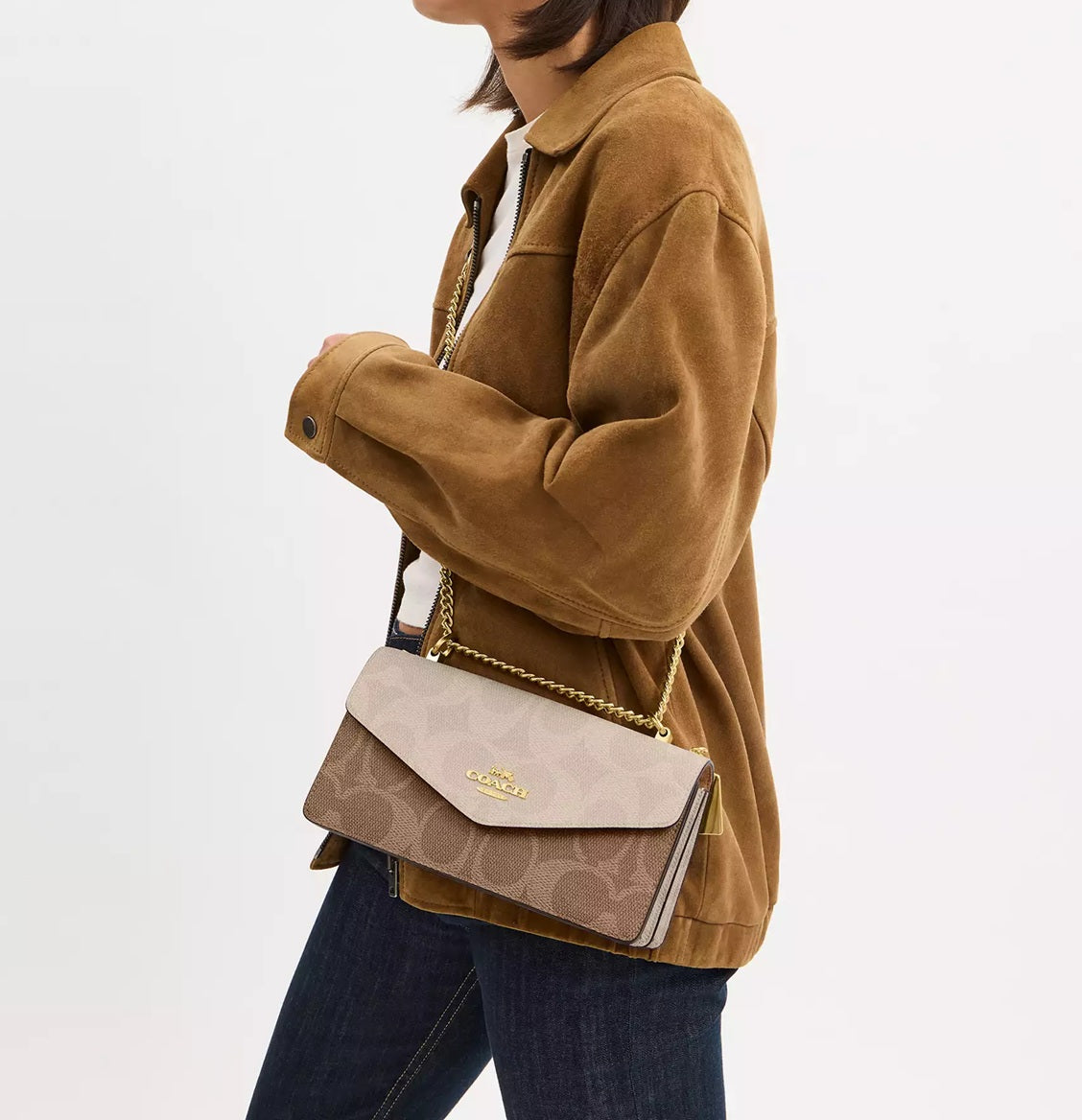Klare Envelope Crossbody Bag In Blocked Signature Canvas Sand Tan Coach
