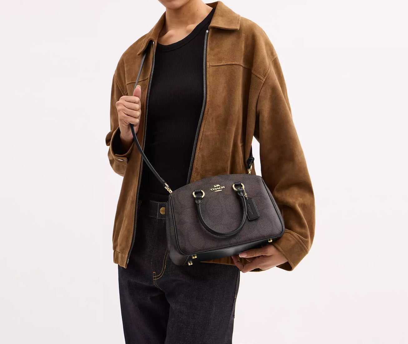 Savannah Small Carryall Bag In Signature Canvas Walnut Black Coach