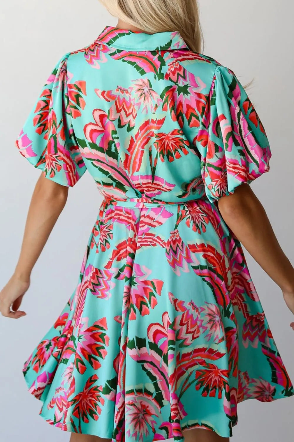 Abstract Print Lace-Up High Waist Buttoned Mini Dress