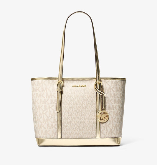 Jet Set Travel Small Metallic Logo Top-Zip Tote Bag Pale Gold Michael Kors