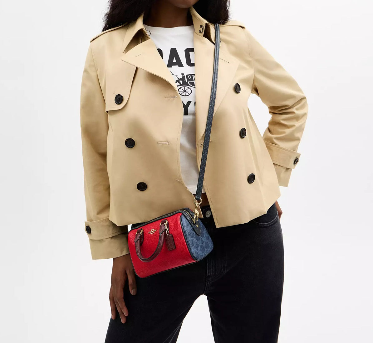 Mini Rowan Crossbody Bag In Colorblock Signature Canvas Denim Bold Red Coach
