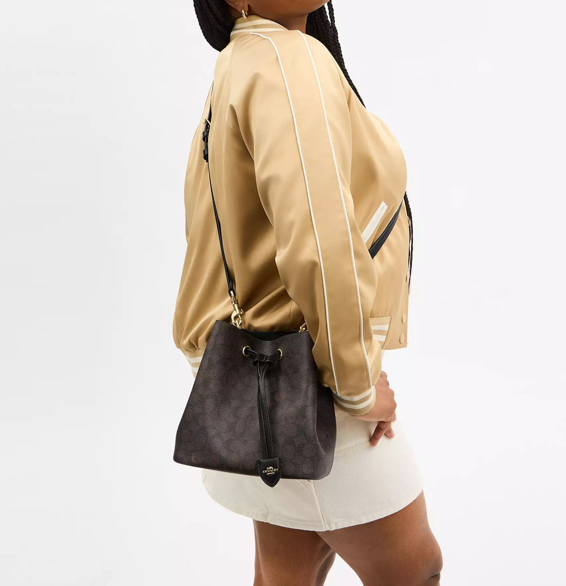 Rowan Bucket Bag In Signature Canvas Walnut Black Coach