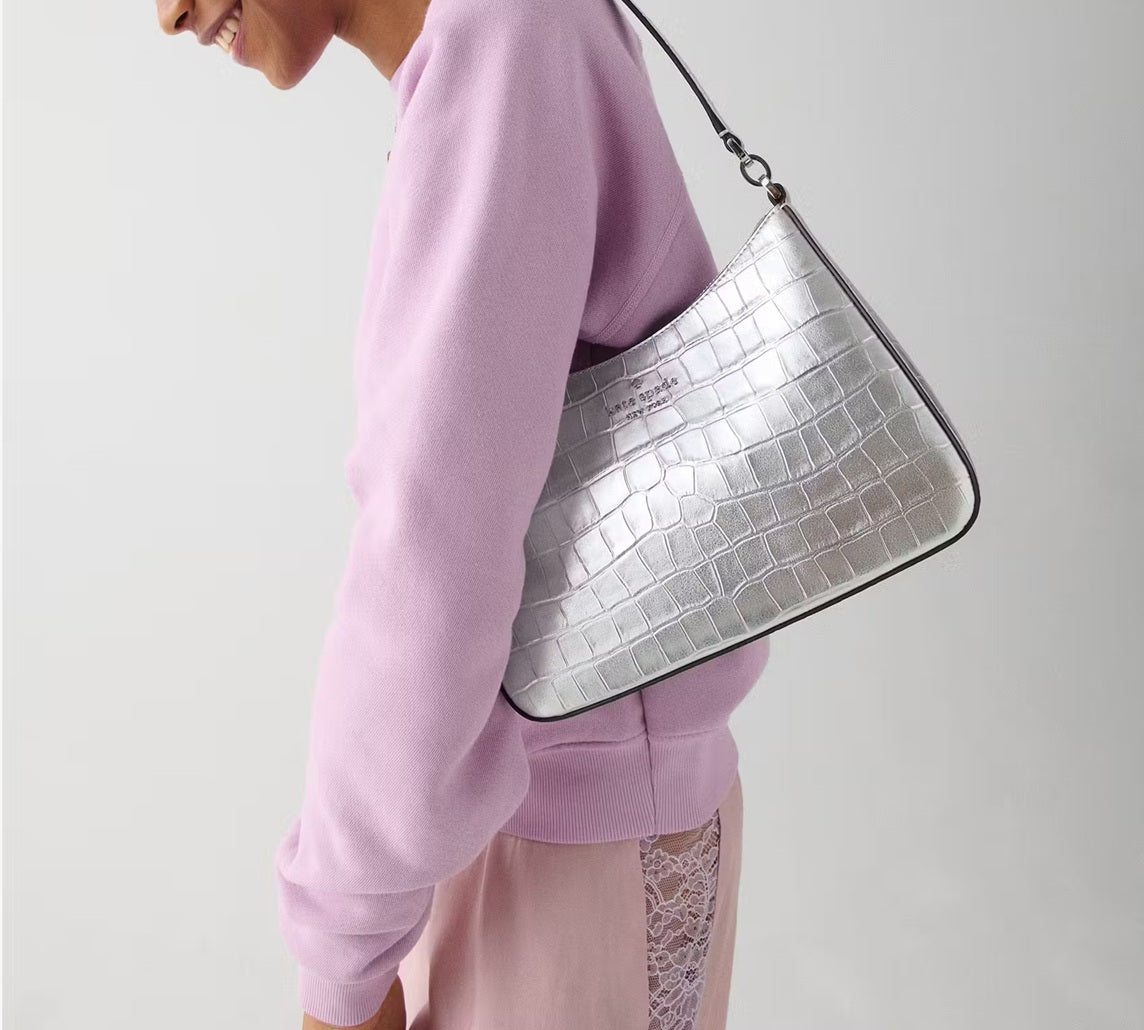 Margot Metallic Croc Embossed Convertible Shoulder Bag Silver Kate Spade
