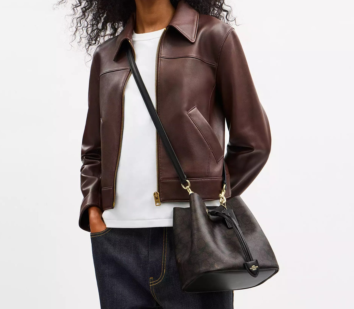 Rowan Bucket Bag In Signature Canvas Walnut Black Coach