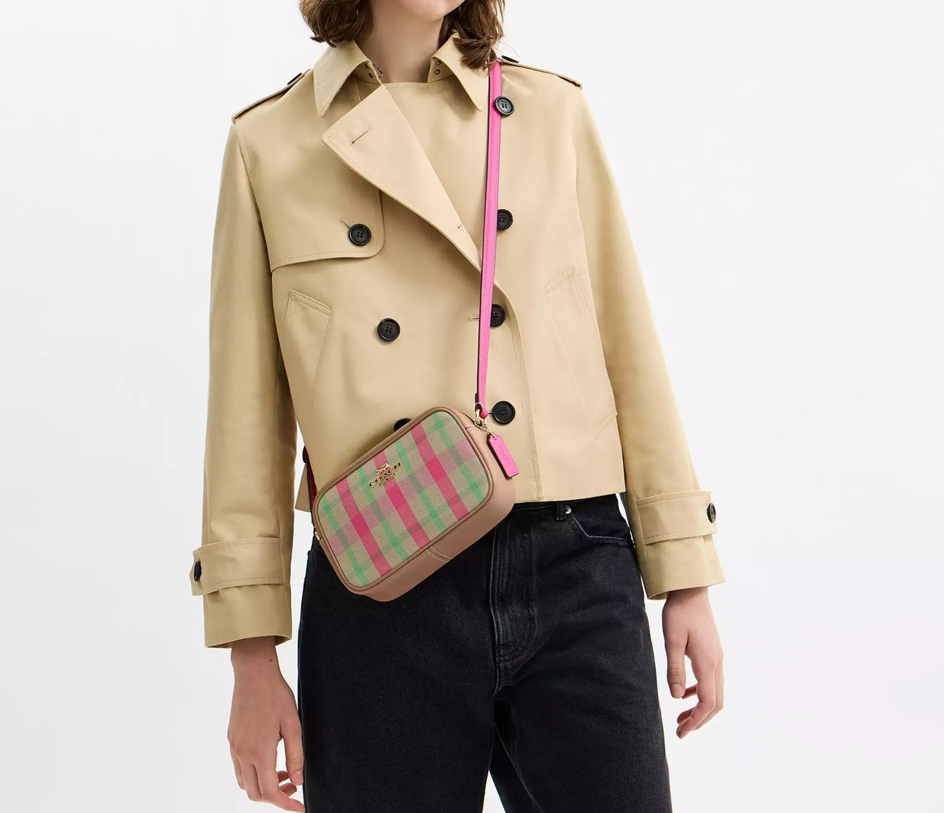 Mini Jamie Camera Bag With Plaid Print Pink Multi Coach