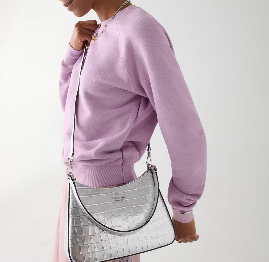 Margot Metallic Croc Embossed Convertible Shoulder Bag Silver Kate Spade