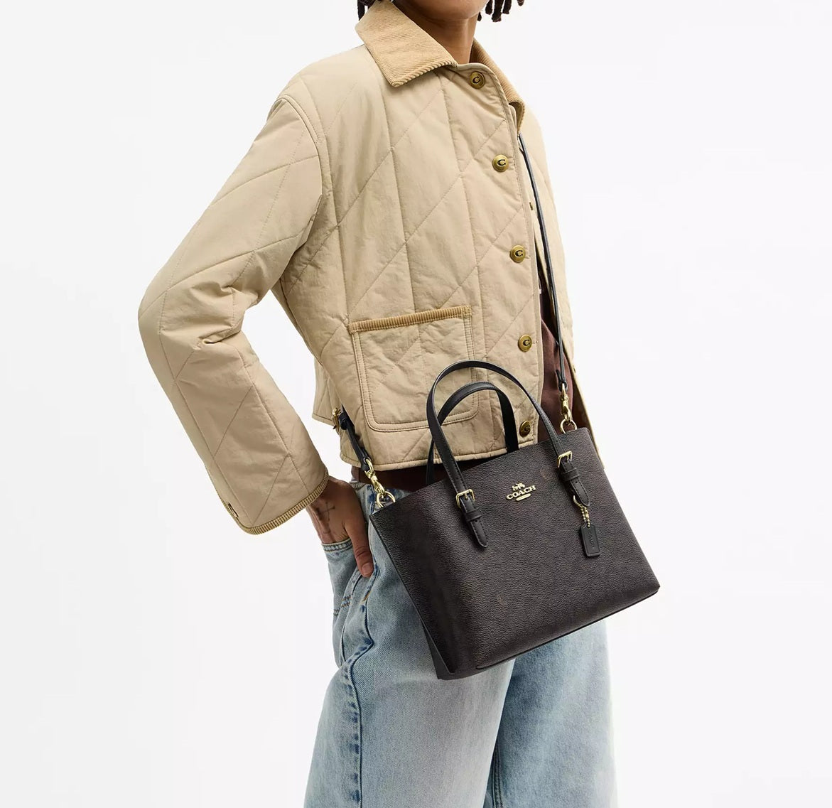 Mollie Tote Bag 25 In Signature Canvas Walnut Black Coach