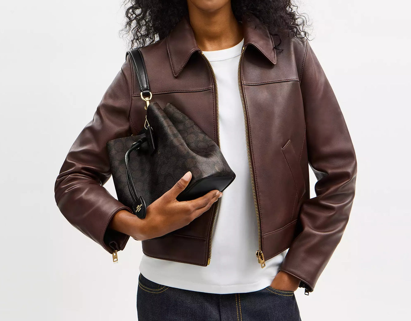 Rowan Bucket Bag In Signature Canvas Walnut Black Coach
