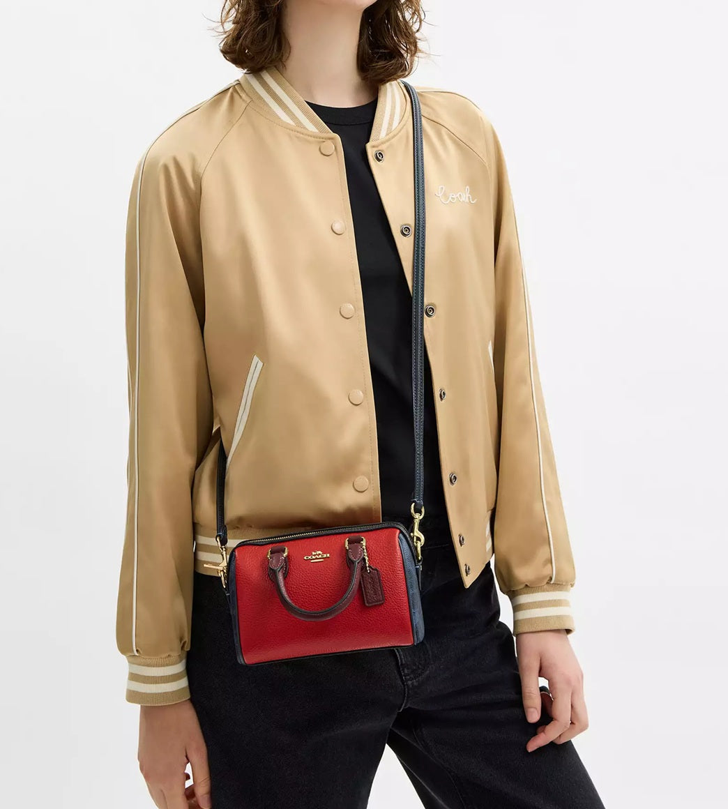 Mini Rowan Crossbody Bag In Colorblock Signature Canvas Denim Bold Red Coach