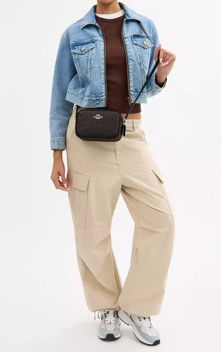 Mini Jamie Camera Bag In Signature Canvas Walnut Black Coach