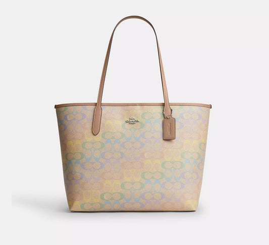 City Tote Bag In Rainbow Signature Canvas Silver Coach