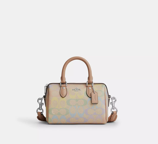Mini Rowan Crossbody Bag In Rainbow Signature Canvas Silver Coach