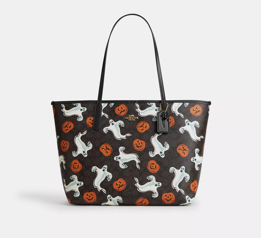 City Tote Bag In Signature Canvas With Halloween Print Walnut Multi Coach