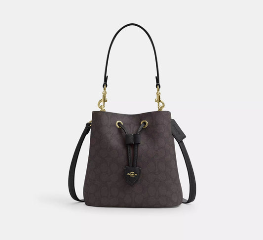 Rowan Bucket Bag In Signature Canvas Walnut Black Coach