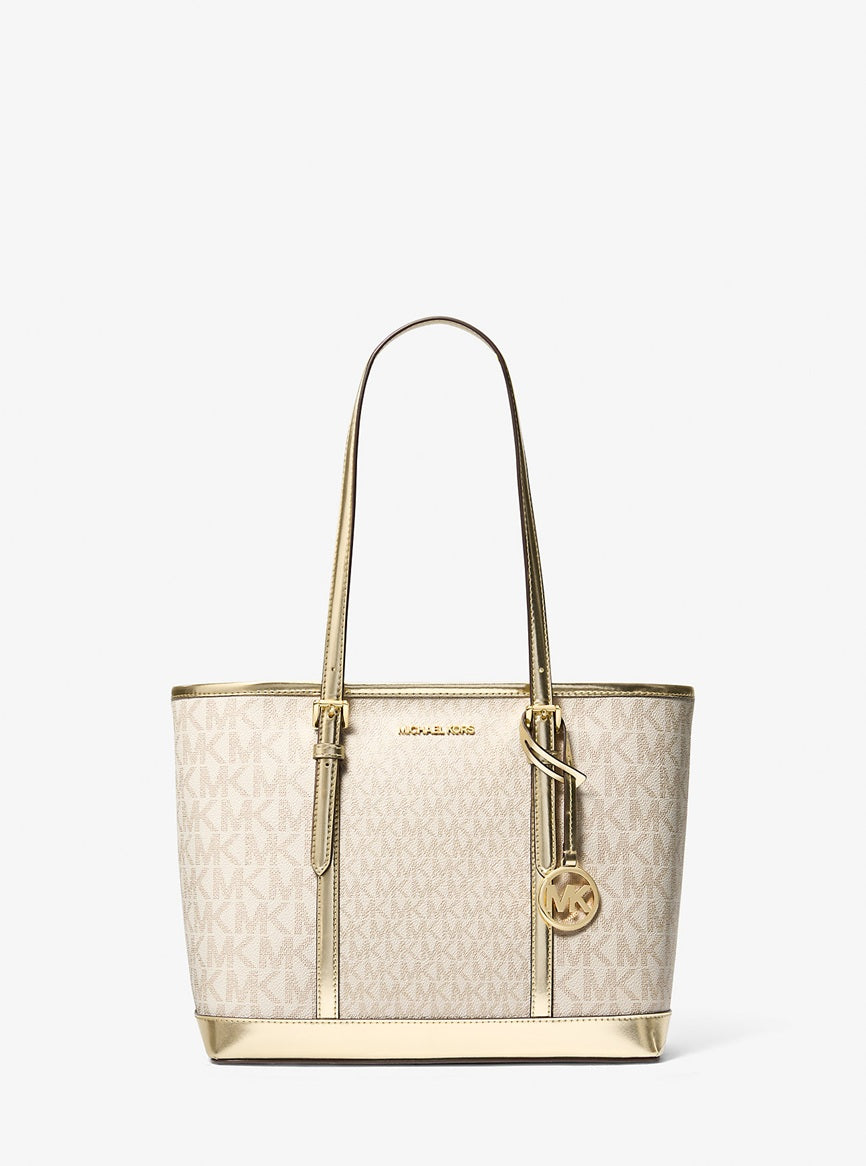 Jet Set Travel Small Metallic Logo Top-Zip Tote Bag Pale Gold Michael Kors