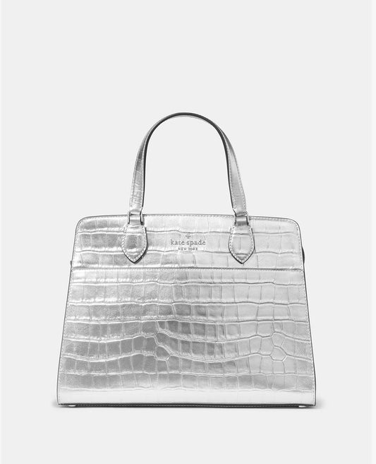 Madison Metallic Croc Embossed Medium Satchel Silver Kate Spade