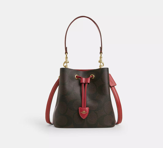 Rowan Bucket Bag In Maxi Signature Canvas Walnut Red Coach