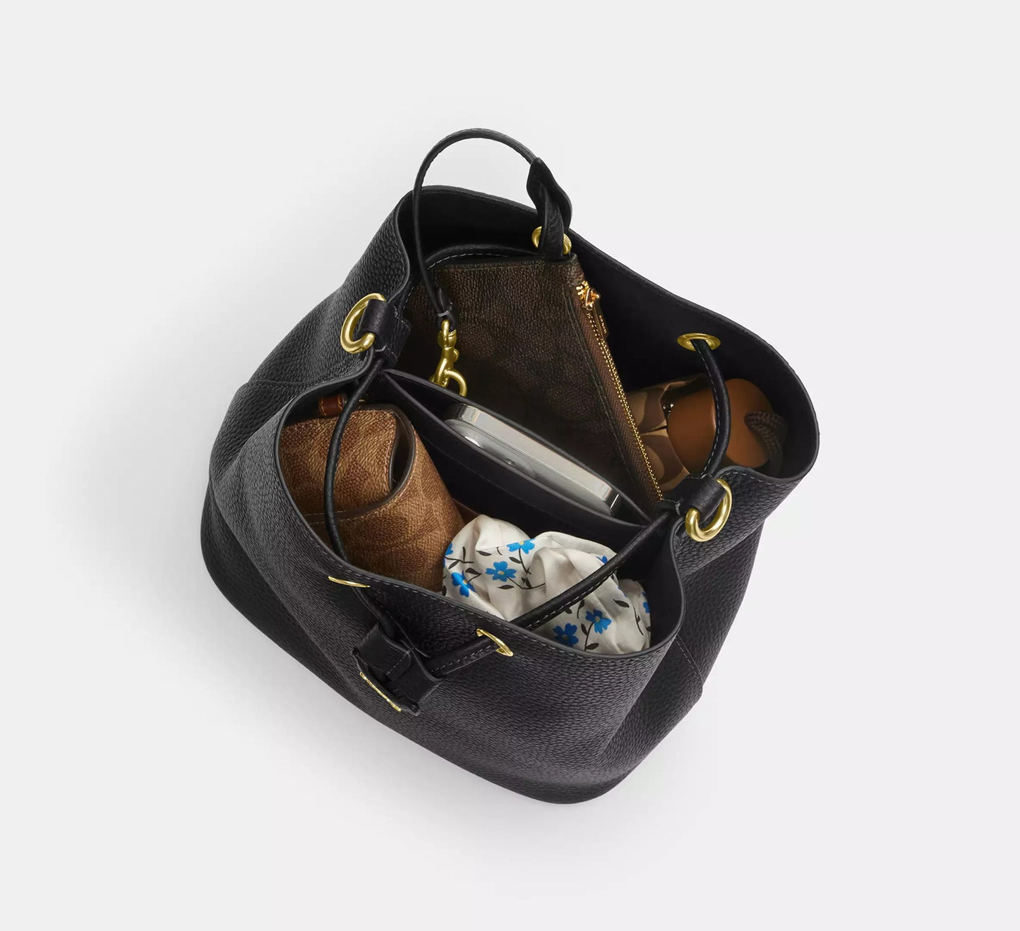 Rowan Bucket Bag In Signature Canvas Walnut Black Coach