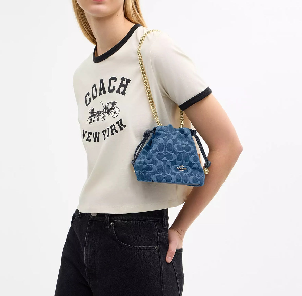 Faye Mini Drawstring Bag In Signature Denim Indigo Coach