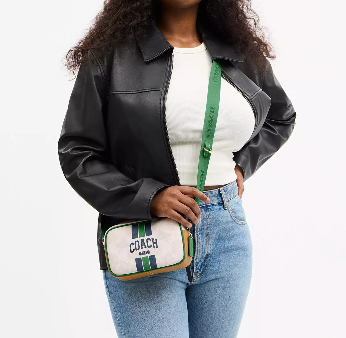 Mini Jamie Camera Bag In Signature Canvas With Varsity Stripe Kelly Multi Coach