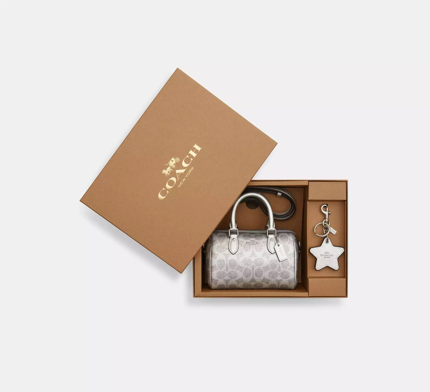 Boxed Mini Rowan Crossbody Bag And Mirror Bag Charm Set In Signature Canvas Silver Coach