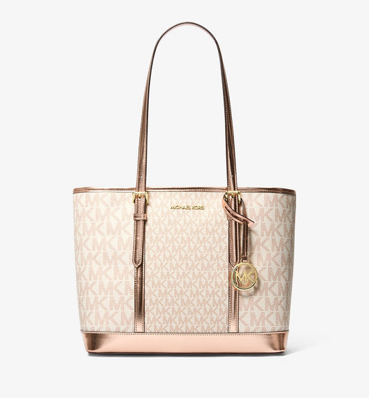 Jet Set Travel Small Metallic Logo Top-Zip Tote Bag Rose Gold Michael Kors