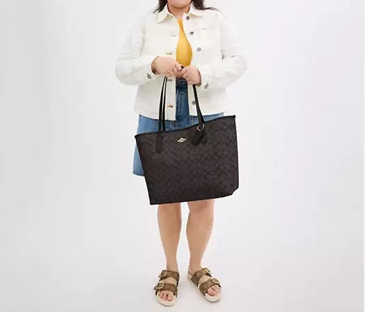 City Tote Bag In Signature Canvas Walnut Black Coach